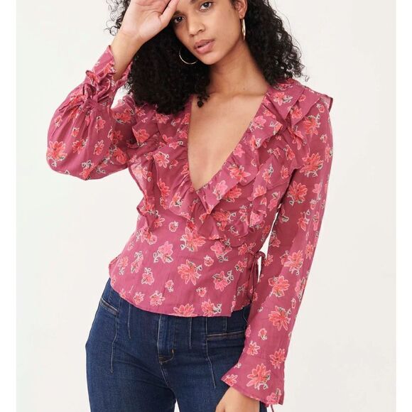 Free People Amanda Ruffle Top Sultry Combo‎ floral wrap blouse size XS new - Picture 1 of 11